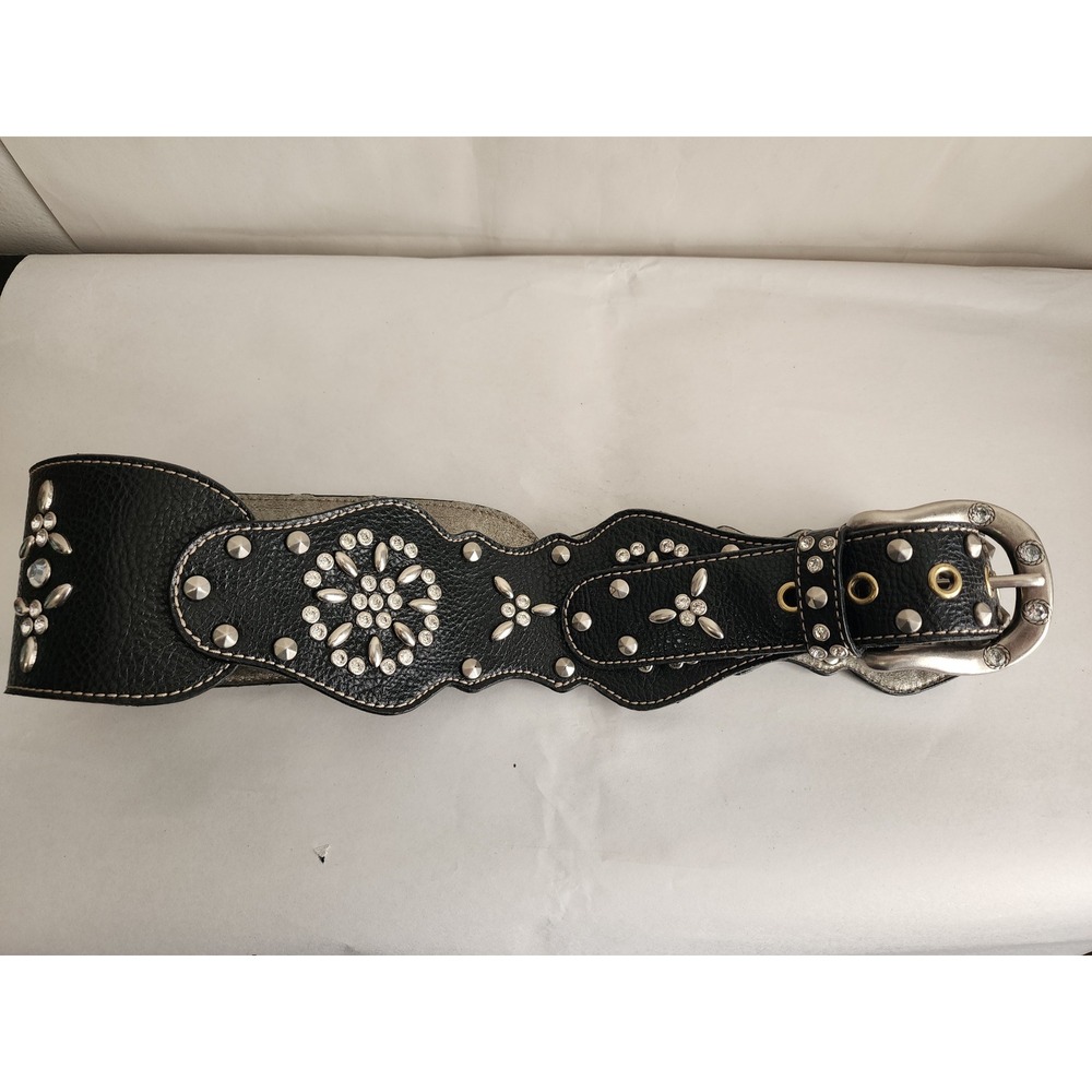 Kathy Van Zeeland Black Studded Rhinestone Wide Waist Belt Y2K Boho E00705